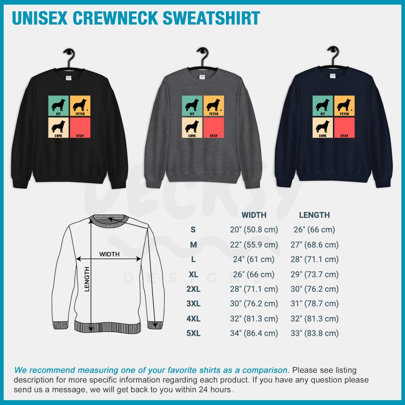Op de afbeelding: Unisex crewneck sweatshirt in zwart, grijs en marineblauw met een retro-stijl grafische afbeelding van een hond met de woorden "Sit, Fetch, Come, Stay". Maattabel met afmetingen in inches en centimeters.