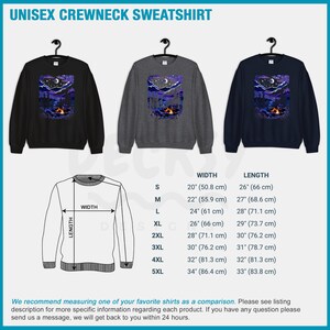May include: A size chart for a unisex crewneck sweatshirt with a graphic of a moonlit forest scene. The chart shows the width and length measurements in inches and centimeters for sizes S through 5XL.