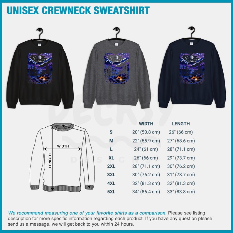 May include: A size chart for a unisex crewneck sweatshirt with a graphic of a moonlit forest scene. The chart shows the width and length measurements in inches and centimeters for sizes S through 5XL.