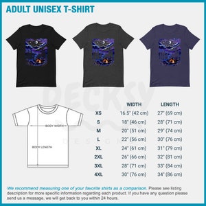 May include: A unisex t-shirt with a graphic of a campfire scene in the mountains under a starry night sky. The shirt is available in black, heather grey, and navy blue. The size chart shows the width and length of the shirt in inches and centimeters.