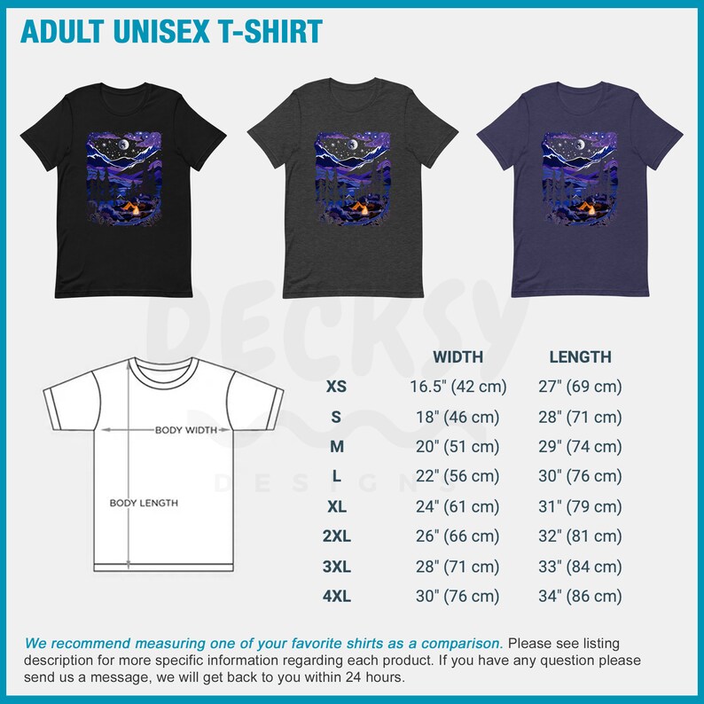 May include: A unisex t-shirt with a graphic of a campfire scene in the mountains under a starry night sky. The shirt is available in black, heather grey, and navy blue. The size chart shows the width and length of the shirt in inches and centimeters.
