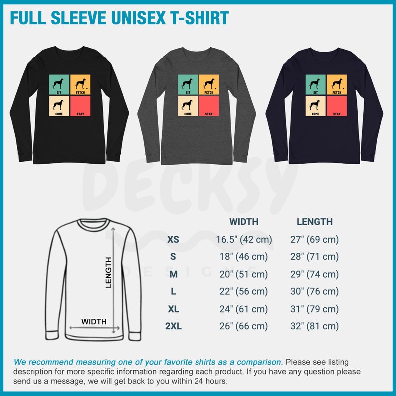 May include: A black, heather grey, and navy blue long-sleeved t-shirt with a retro-style graphic of a dog with the words "Sit", "Fetch", "Come", and "Stay". The t-shirt is available in sizes XS to 2XL. The size chart shows the width and length of the shirt in inches and centimeters.
