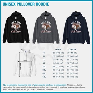 May include: Unisex pullover hoodie with a graphic of a bull terrier and the text "Life is good, Bull Terrier makes it better". The hoodie is available in black, grey, and navy blue. A size chart is included with measurements in inches and centimeters.