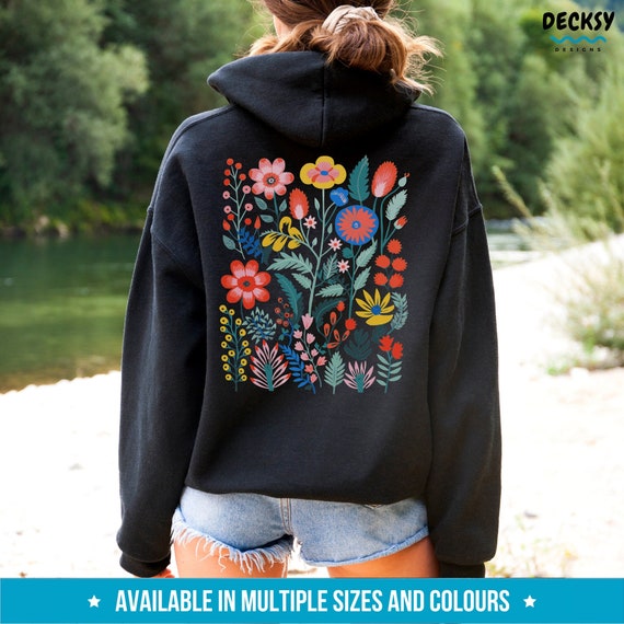 Pressed Flowers Hooded Sweatshirt, Wildflowers Hoodie, Boho Sweater, Vintage Cottagecore Shirt, Floral Pullover Jumper, Flower Lover Gift