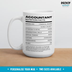 May include: White ceramic coffee mug with a black design that reads "Accountant Nutrition Facts". The design is formatted like a nutrition label with categories such as "Attention to Detail", "Organisational Skills", "Critical Thinking", "Caffeine", "Hardworking", and "Regret". The mug has a black handle and a white background.