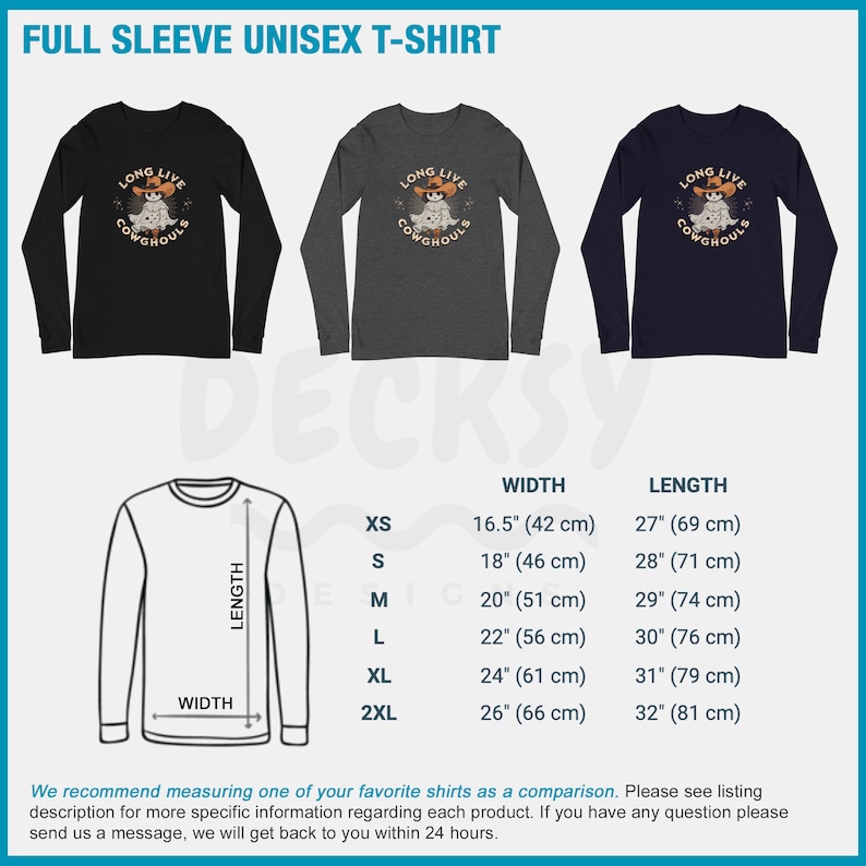 May include: Three long-sleeve unisex t-shirts in black, charcoal, and navy blue. Each shirt features the text "LONG LIVE COWGHOULS" with a cartoon ghost wearing a cowboy hat. Size chart shows widths from 16.5" (42 cm) to 26" (66 cm).