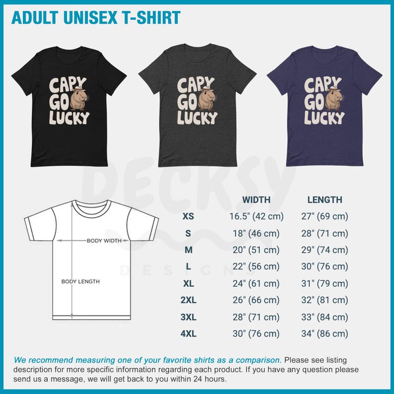 May include: A unisex t-shirt with a black, dark grey, and navy blue color scheme. The shirt features a graphic of a capybara wearing a cowboy hat with the text "CAPY GO LUCKY". The shirt is available in sizes XS to 4XL. The size chart shows the width and length of the shirt in inches and centimeters.