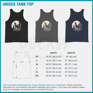 May include: A unisex tank top with a wolf howling at the moon graphic. The tank top is available in black, gray, and navy blue. The size chart shows the width and length of the tank top in inches and centimeters.