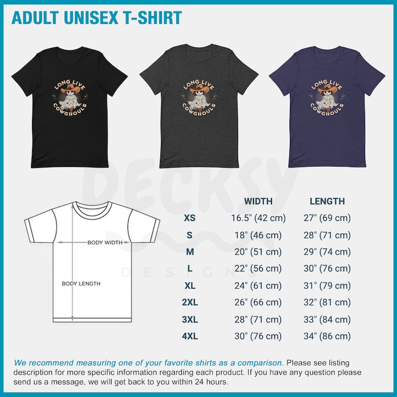 May include: Three adult unisex t-shirts in black, charcoal, and navy blue. Each shirt features a graphic of a ghost wearing a cowboy hat with the text "LONG LIVE COWGHOULS". A size chart shows shirt measurements in inches and centimeters.