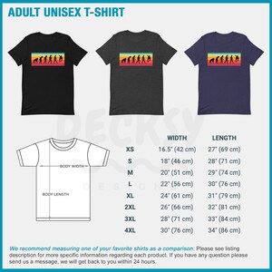 May include: Three adult unisex t-shirts in black, charcoal gray, and navy blue. Each shirt features a rectangular graphic of a person evolving into a skateboarder in a rainbow color scheme. Size chart included.