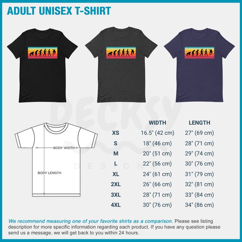 May include: Three adult unisex t-shirts in black, charcoal gray, and navy blue. Each shirt features a rectangular graphic of a person evolving into a skateboarder in a rainbow color scheme. Size chart included.