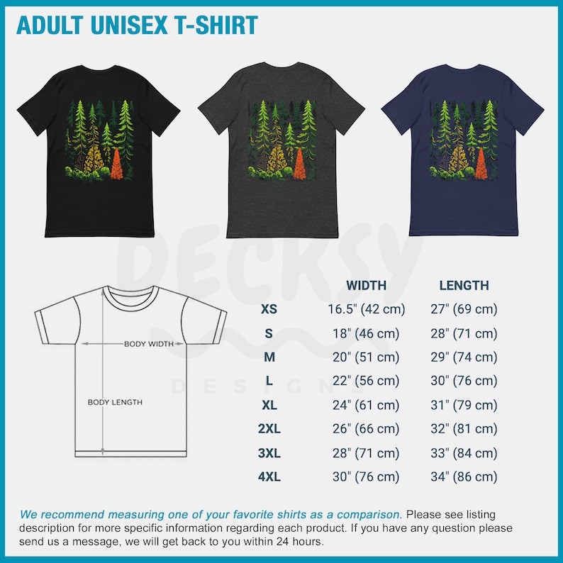 May include: Adult unisex t-shirt with a forest scene graphic. The shirt is available in black, heather grey, and navy blue. The size chart shows the width and length of the shirt in inches and centimeters.