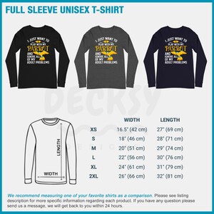 May include: A black, gray, and navy blue long-sleeved t-shirt with a parrot graphic and the text "I just want to play with my parrot and ignore all of my adult problems". The shirt is available in sizes XS to 2XL. The size chart shows the width and length of the shirt in inches and centimeters.