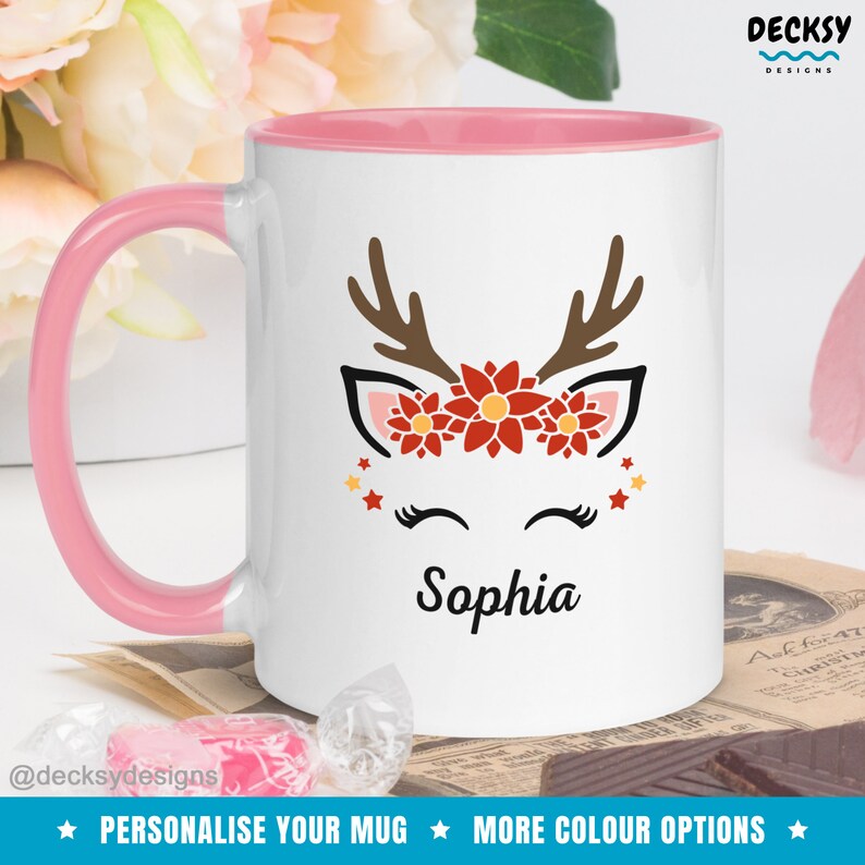 Reindeer Face Mug, Custom Christmas Mug, Personalised Reindeer Mug, Holiday Coffee Mug, Funny Xmas Mug, Gift for Grandchild, Name Coffee Cup image 4