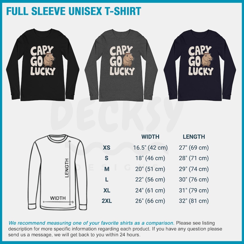 May include: A black, gray, and navy blue long-sleeved t-shirt with a cartoon capybara wearing a cowboy hat and the text "Capy Go Lucky". The t-shirt is available in sizes XS to 2XL. The size chart shows the width and length of the shirt in inches and centimeters.