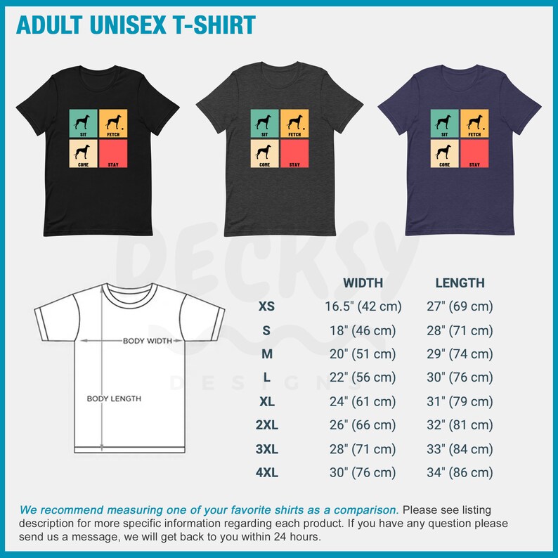 May include: A unisex t-shirt with a retro-style graphic of a dog with the words "Sit", "Fetch", "Come", and "Stay". The shirt is available in black, heather grey, and navy blue. The size chart shows the width and length of the shirt in inches and centimeters.