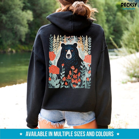 Bear Lover Hoodie, Wildlife Sweatshirt, Bear Camping Sweater, Black Bear Shirt, Grizzly Bear Pullover, Women Cozy Crewneck, Flower Bear Tee