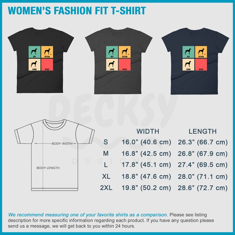 May include: A size chart for women's t-shirts with measurements in inches and centimeters. The chart shows the width and length of the shirts in sizes S, M, L, XL, and 2XL.
