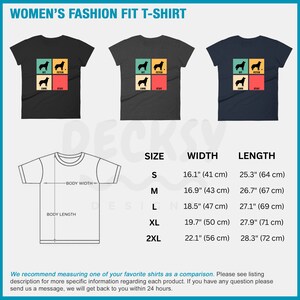 Op de afbeelding: Een maattabel voor dames T-shirts met afmetingen in inches en centimeters. De tabel toont de breedte en lengte van de shirts in de maten S, M, L, XL en 2XL.