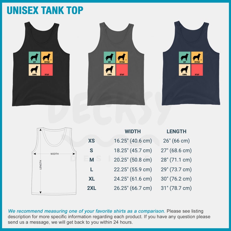 Op de afbeelding: Een unisex tanktop met een retro-ontwerp met een hondensilhouet en de woorden "Sit, Come, Stay, Fetch". De tanktop is verkrijgbaar in zwart, grijs en marineblauw. De maattabel toont de breedte- en lengtematen in inches en centimeters.