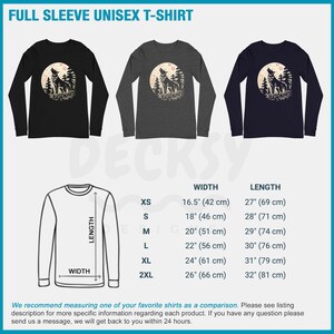 May include: A size chart for a unisex long-sleeve t-shirt with a wolf howling at the moon graphic. The chart shows the width and length measurements in inches and centimeters for sizes XS, S, M, L, XL, and 2XL.