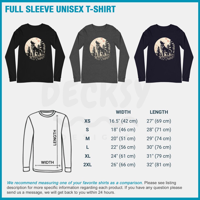 May include: A size chart for a unisex long-sleeve t-shirt with a wolf howling at the moon graphic. The chart shows the width and length measurements in inches and centimeters for sizes XS, S, M, L, XL, and 2XL.