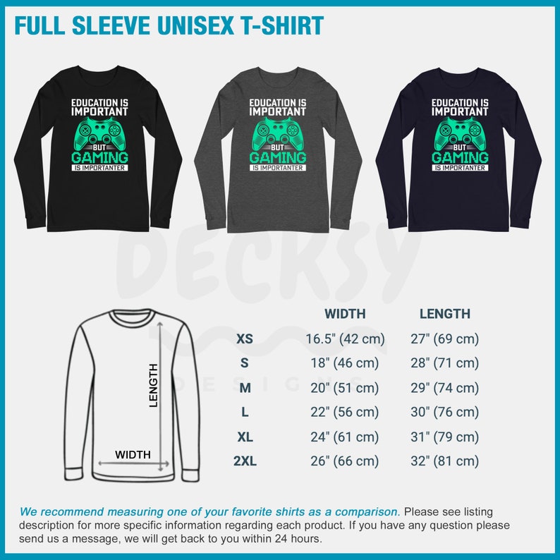 K&ouml;nnte beinhalten: Ein schwarzes, graues und marineblaues Langarm-T-Shirt mit einem gr&uuml;nen Videospiel-Controller-Motiv und dem Text "Bildung ist wichtig, aber Gaming ist wichtiger". Das Shirt ist in den Gr&ouml;&szlig;en XS bis 2XL erh&auml;ltlich. Die Gr&ouml;&szlig;entabelle zeigt die Breite und L&auml;nge des Shirts in Zoll und Zentimetern.