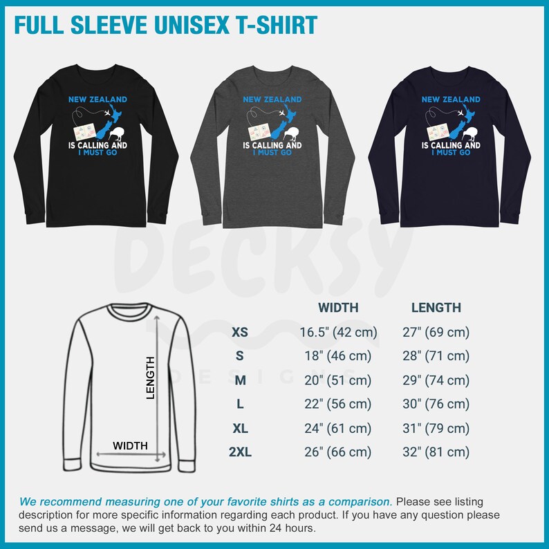 May include: A black, gray, and navy blue long-sleeved t-shirt with a graphic of a plane flying over a map of New Zealand. The text "New Zealand is calling and I must go" is printed on the shirt. The shirt is available in sizes XS to 2XL. The measurements for each size are listed in inches and centimeters.
