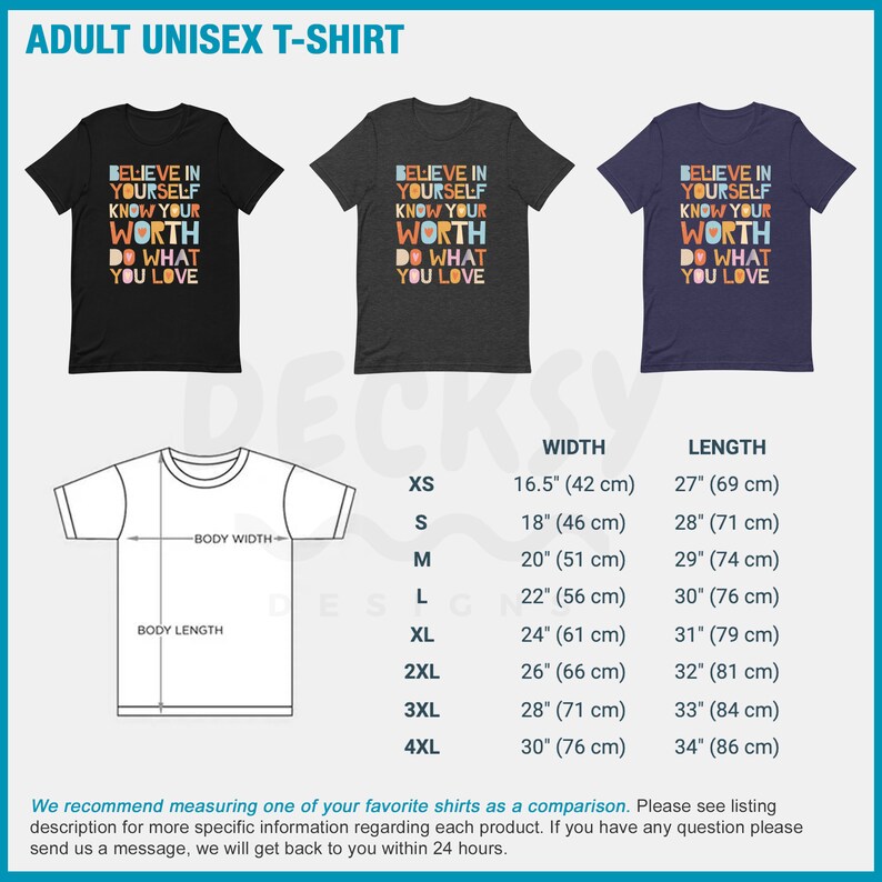 K&ouml;nnte beinhalten: Drei Unisex-T-Shirts f&uuml;r Erwachsene in Schwarz, Anthrazit und Marineblau. Jedes Shirt tr&auml;gt den Text "BELIEVE IN YOURSELF KNOW YOUR WORTH DO WHAT YOU LOVE" in bunten Blockbuchstaben. Eine Gr&ouml;&szlig;entabelle mit Ma&szlig;en in cm ist ebenfalls enthalten.