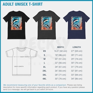 May include: Adult unisex t-shirt with a graphic of two orcas swimming in a coral reef. The t-shirt is available in black, heather grey, and navy blue. The size chart shows the width and length of the shirt in inches and centimeters.
