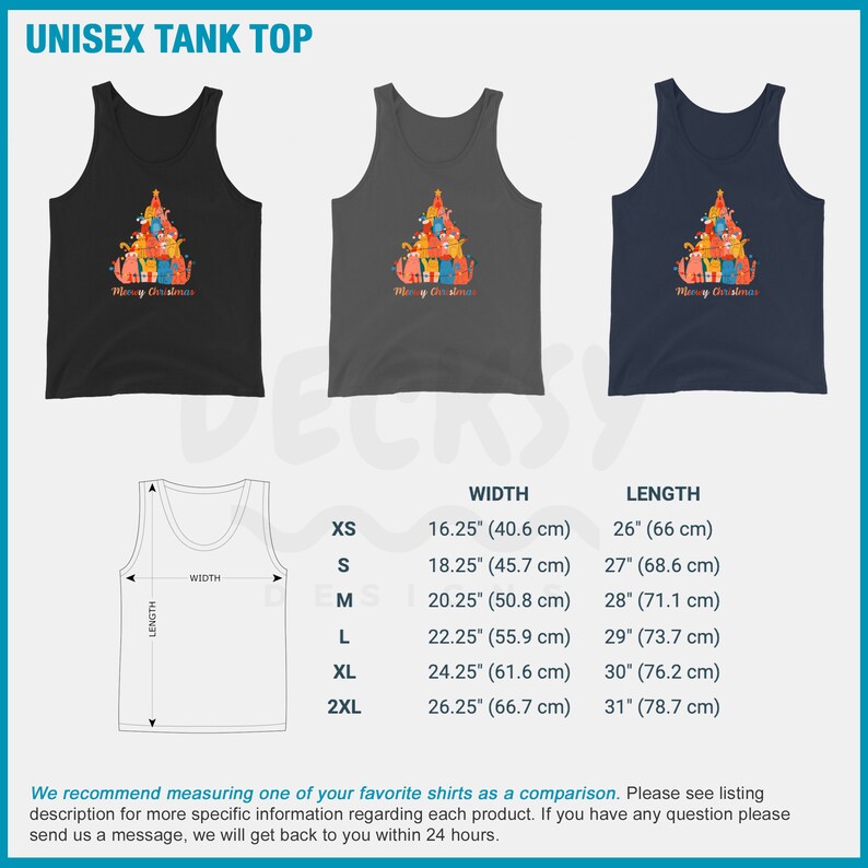 May include: A unisex tank top with a Christmas tree design featuring a stack of cats. The design includes the text "Merry Christmas". The tank top is available in black, gray, and navy blue. The size chart shows the width and length of the tank top in inches and centimeters.