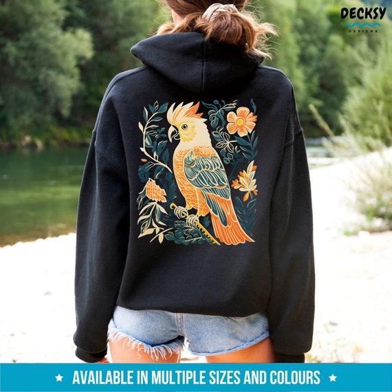 Cockatoo Hoodie, Parrot Sweatshirt, Bird Lover Gift, Australian Birds Back Print Hoodie, Floral Shirt Sulphur Crested White Cockatoo Sweater