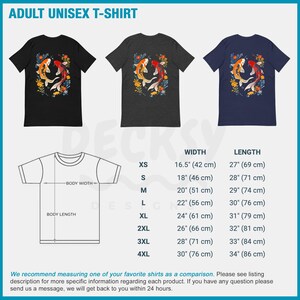 May include: A size chart for adult unisex t-shirts with measurements in inches and centimetres. The chart shows the width and length of the shirts in sizes XS, S, M, L, XL, 2XL, 3XL, and 4XL.