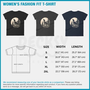 May include: A size chart for a women's t-shirt with a wolf howling at the moon graphic. The chart shows the width and length of the shirt in inches and centimeters for sizes S, M, L, XL, and 2XL.
