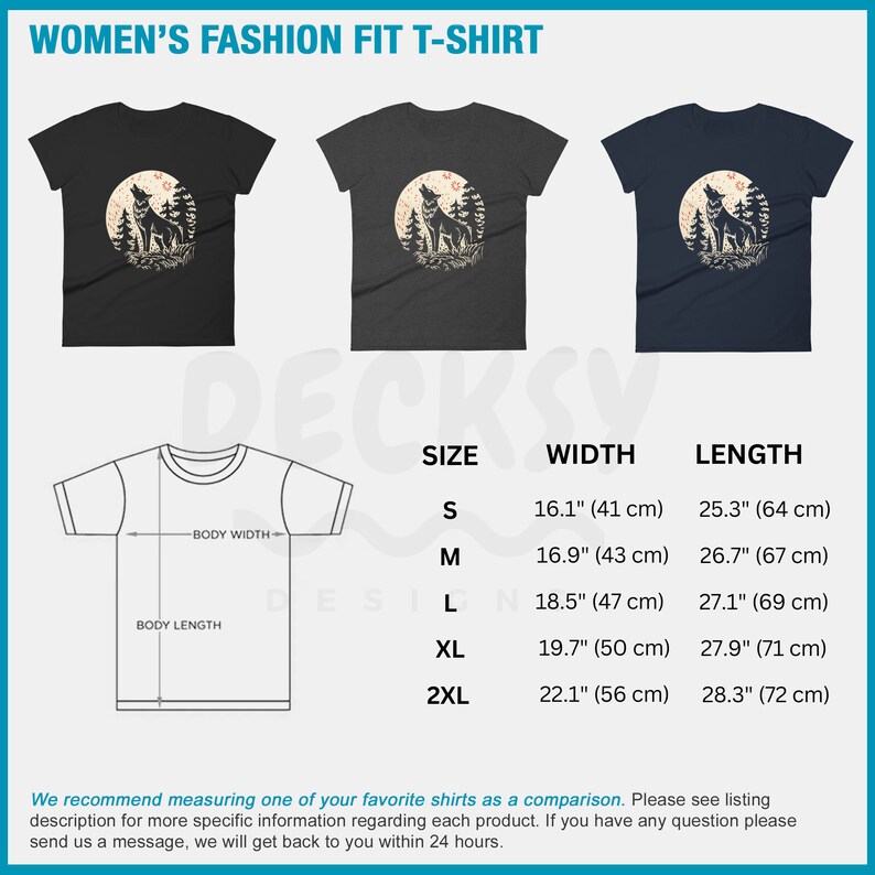 May include: A size chart for a women's t-shirt with a wolf howling at the moon graphic. The chart shows the width and length of the shirt in inches and centimeters for sizes S, M, L, XL, and 2XL.