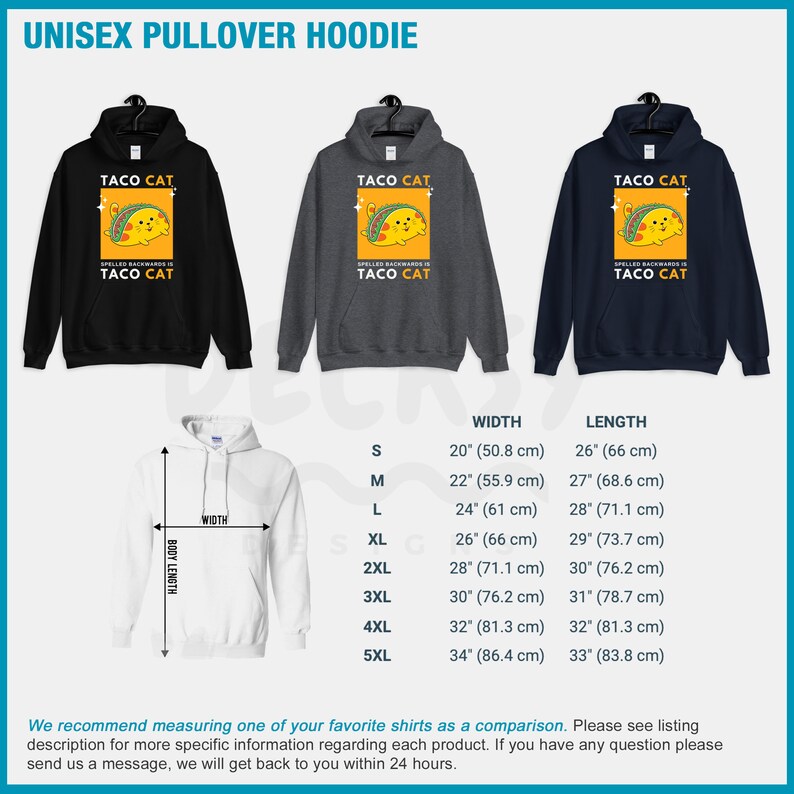 May include: A unisex pullover hoodie with a graphic of a cat eating a taco. The text on the graphic says "Taco Cat" and "Spelled Backwards is Taco Cat". The hoodie is available in black, gray, and navy blue. The size chart shows the width and length of the hoodie in inches and centimeters.