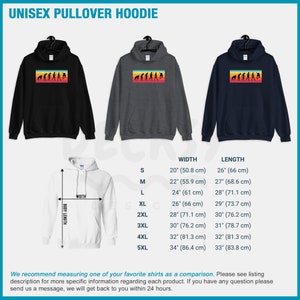 May include: Three unisex pullover hoodies in black, charcoal gray, and navy blue. Each hoodie features a rectangular graphic of the evolution of man in a retro color scheme. The image also includes a size chart with measurements in inches and centimeters.