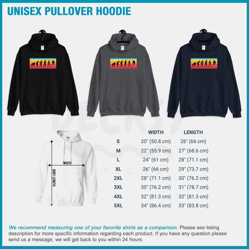 May include: Three unisex pullover hoodies in black, charcoal gray, and navy blue. Each hoodie features a rectangular graphic of the evolution of man in a retro color scheme. The image also includes a size chart with measurements in inches and centimeters.