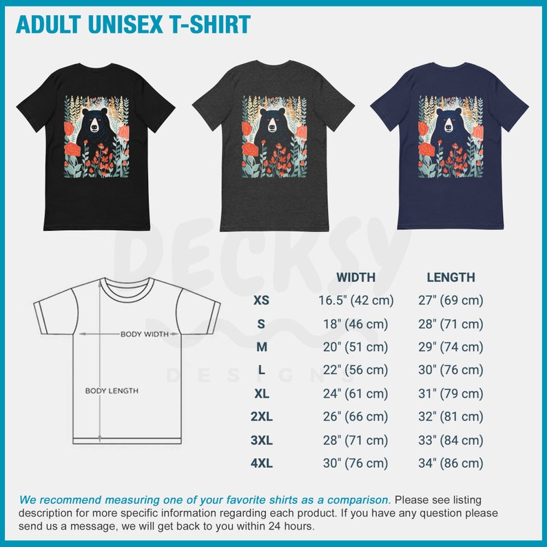 May include: Adult unisex t-shirt featuring a black bear with red flowers in a forest setting. The t-shirt is available in black, heather grey, and navy blue. Size chart with width and length measurements in inches and centimeters.