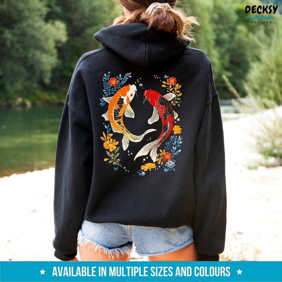 Japanese Koi Fish Hoodie, Cozy Vintage Asian Art Nouveau Shirt, Nautical Animal Japan Hooded Sweater, Urban Unisex Tokyo Style Streetwear