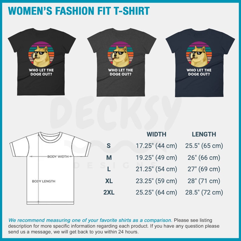 以下が含まれることがあります： サングラスをかけた犬のグラフィックが描かれたレディースTシャツのサイズチャート。チャートには、S、M、L、XL、2XLのサイズに対応する、インチとセンチメートルで表されたシャツの幅と長さが記載されています。シャツには「Who Let The Doge Out?」という文字がプリントされています。