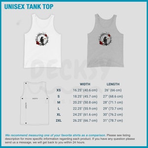 May include: Two unisex tank tops, one white and one gray, are displayed. Each tank top features a circular design with a black bird, red roses, and a thorny wreath. The image also includes a size chart with measurements in inches and centimeters.