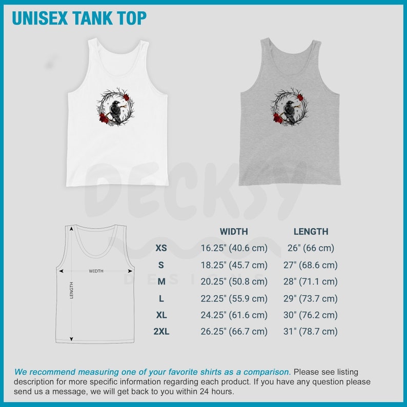 May include: Two unisex tank tops, one white and one gray, are displayed. Each tank top features a circular design with a black bird, red roses, and a thorny wreath. The image also includes a size chart with measurements in inches and centimeters.