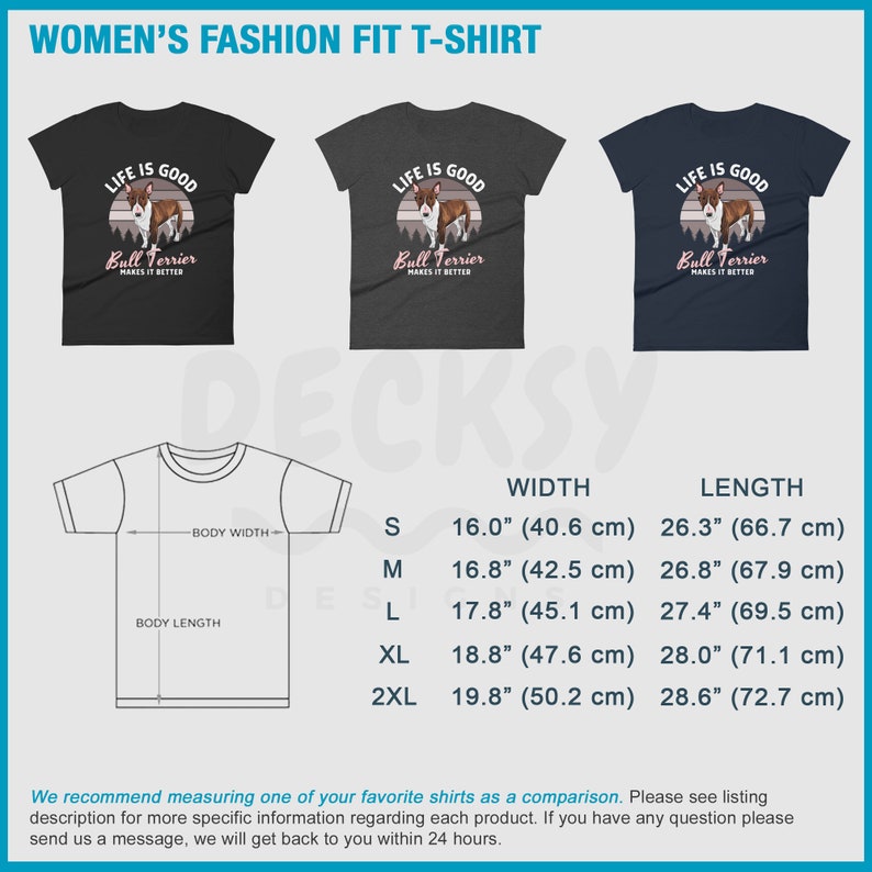 May include: A size chart for women's t-shirts with measurements in inches and centimeters. The chart shows the width and length of the shirts in sizes S, M, L, XL, and 2XL.