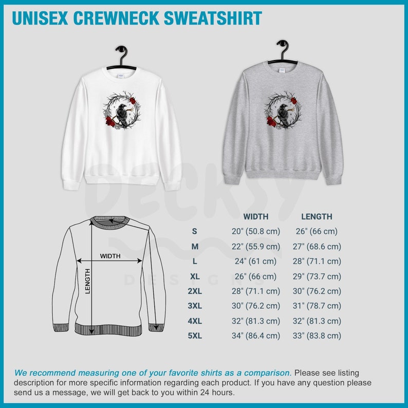 May include: White and grey unisex crewneck sweatshirts. Each sweatshirt features a graphic of a black crow perched in a wreath of branches and red roses. The image includes a size chart with measurements in inches and centimeters.
