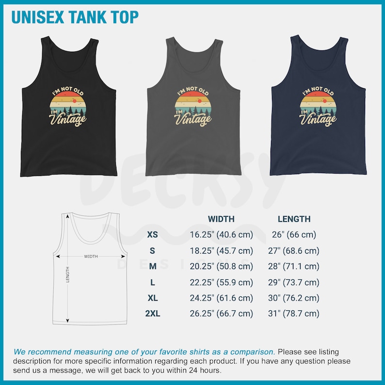 May include: A unisex tank top with a vintage sunset graphic and the text "I'm not old, I'm vintage". The tank top is available in black, gray, and navy blue. The size chart shows the width and length of the tank top in inches and centimeters.