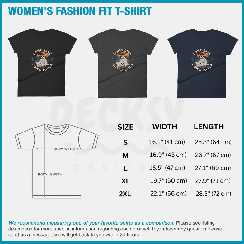 May include: Three t-shirts in black, charcoal, and navy blue, each featuring a graphic of a ghost wearing a cowboy hat with the text "LONG LIVE COWGHOULS." Size and measurement details are provided, with widths ranging from 16.1 inches to 22.1 inches.