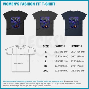 May include: A size chart for a women's t-shirt with a graphic of a starry night scene with a campfire. The chart shows the width and length of the shirt in inches and centimeters for sizes S, M, L, XL, and 2XL.