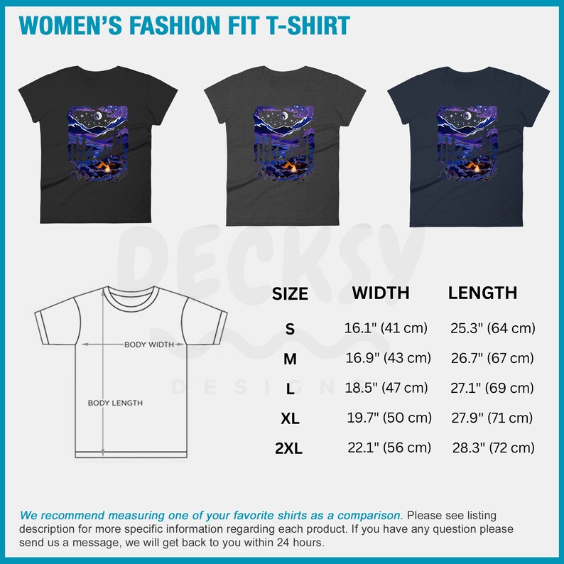 May include: A size chart for a women's t-shirt with a graphic of a starry night scene with a campfire. The chart shows the width and length of the shirt in inches and centimeters for sizes S, M, L, XL, and 2XL.