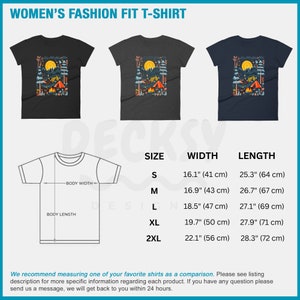 May include: A size chart for a women's t-shirt with a camping scene graphic. The chart shows the width and length of the shirt in inches and centimeters for sizes S, M, L, XL, and 2XL.